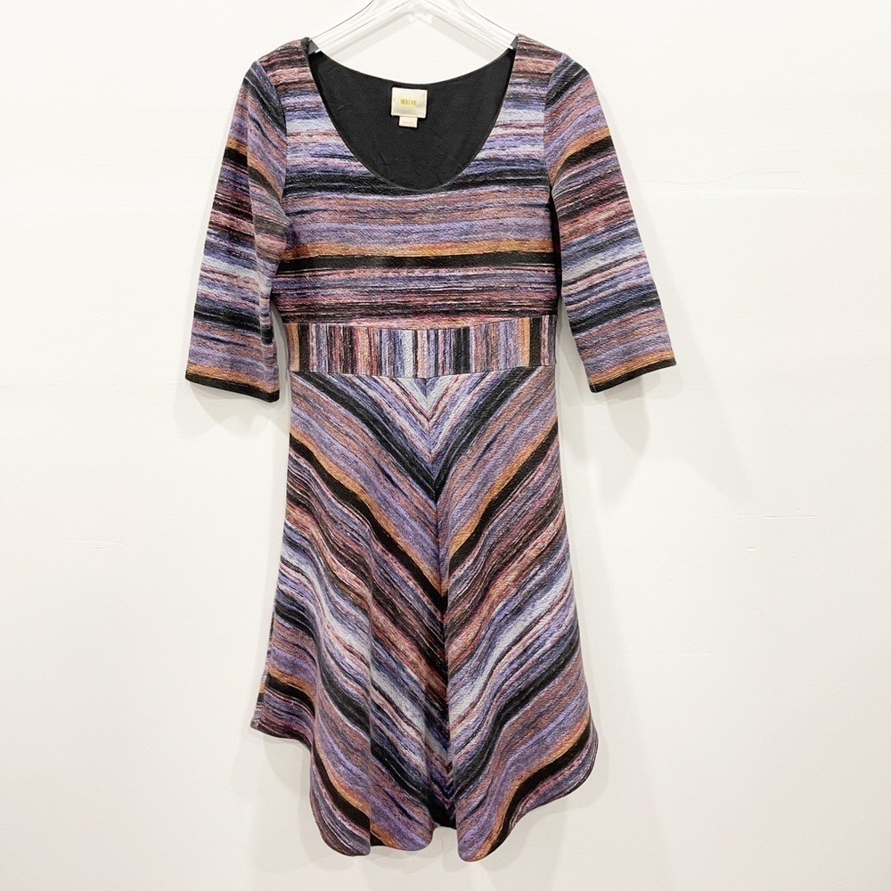 Anthropologie Maeve Kebren Purple Motif Stripe Dress Rounded Hem 3/4 Sleeve M